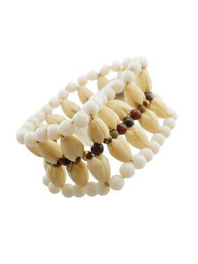 Vintage Cream Brown Beaded Elastic Bracelet Beads Boho Island